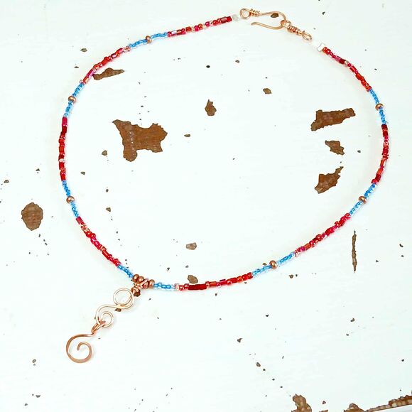 Minimalist Beaded Choker Necklace, Hammered Copper, Handmade Artisan 14.5" - Picture 4 of 5